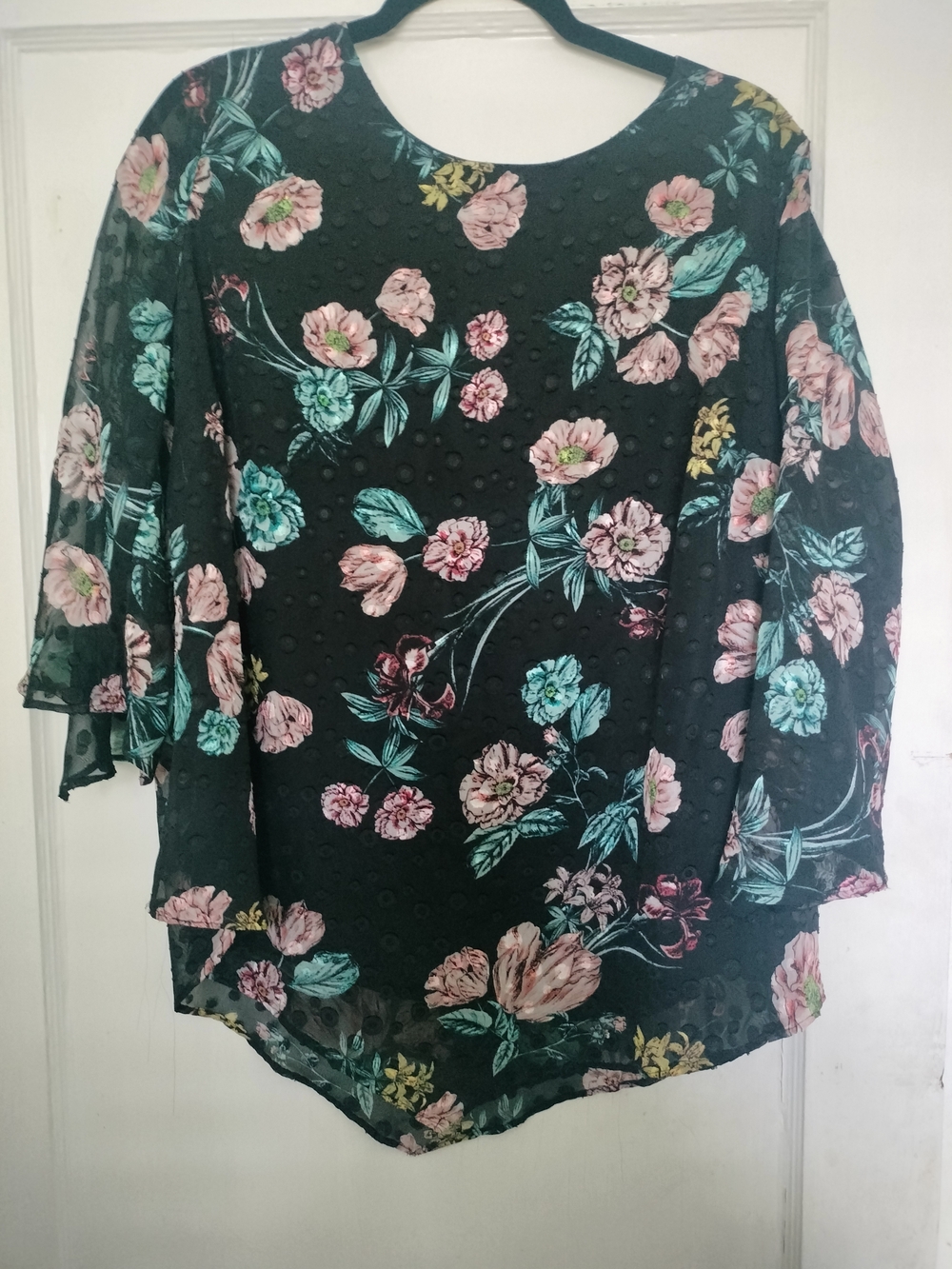 Roz & Ali Black Sheer Swiss Dot Floral Blouse Plus Size 1X 3/4 Inch Sleeves